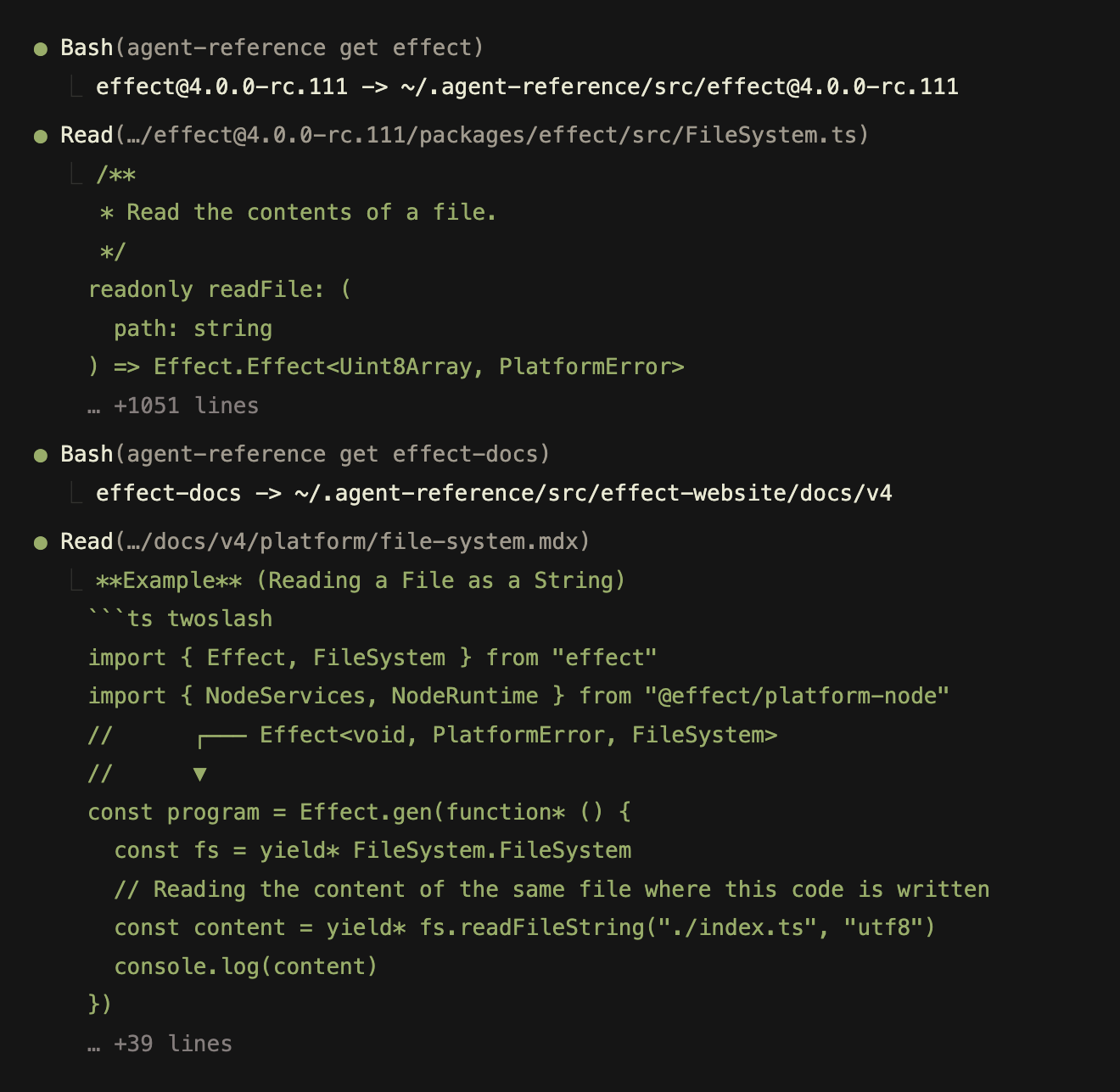 An agent running agent-reference get effect, then reading the source of FileSystem.ts, comments and all, and the FileSystem docs page as its author wrote it.
