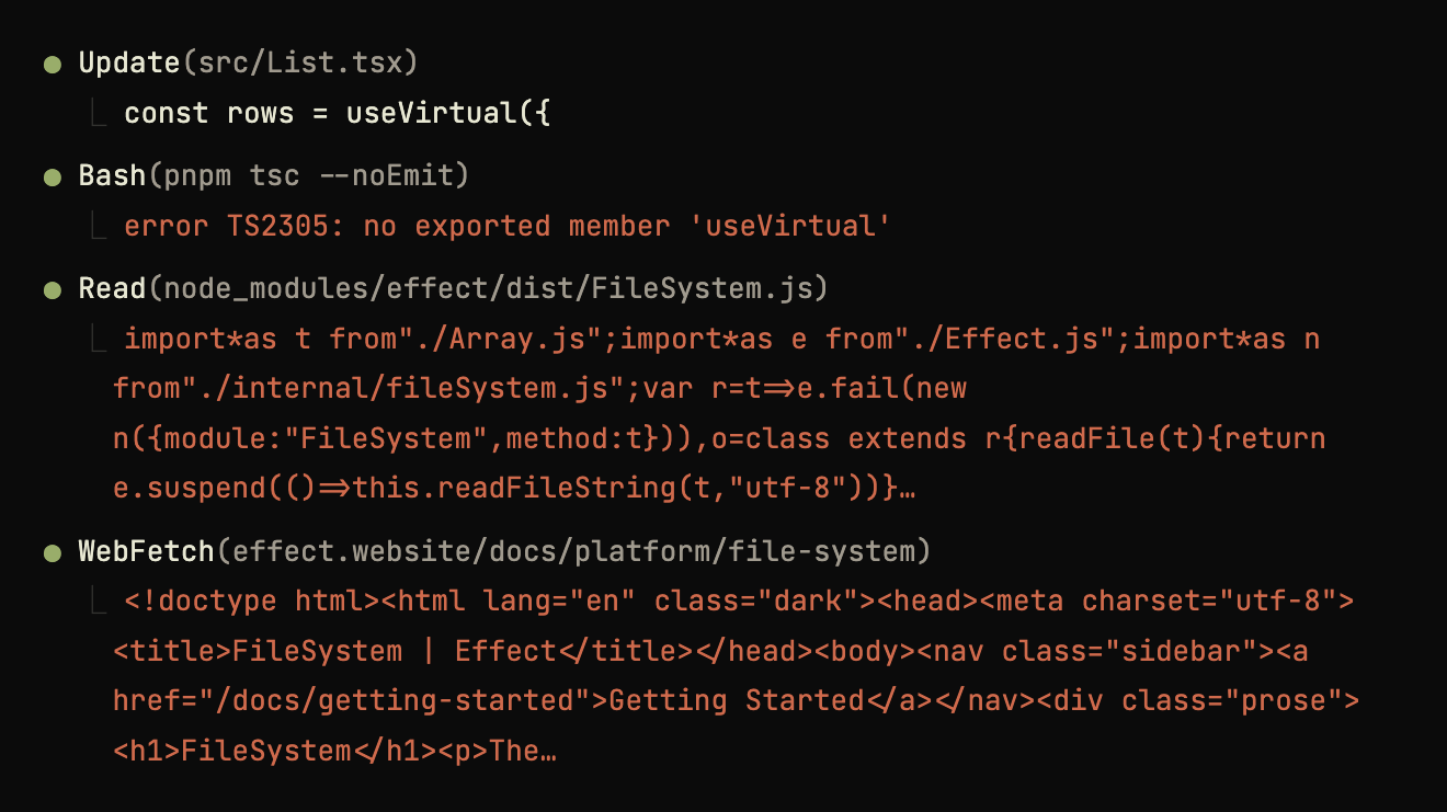 An agent writing useVirtual from memory, the compiler rejecting it, then reading a minified bundle out of node_modules and fetching a docs site that answers in markup.